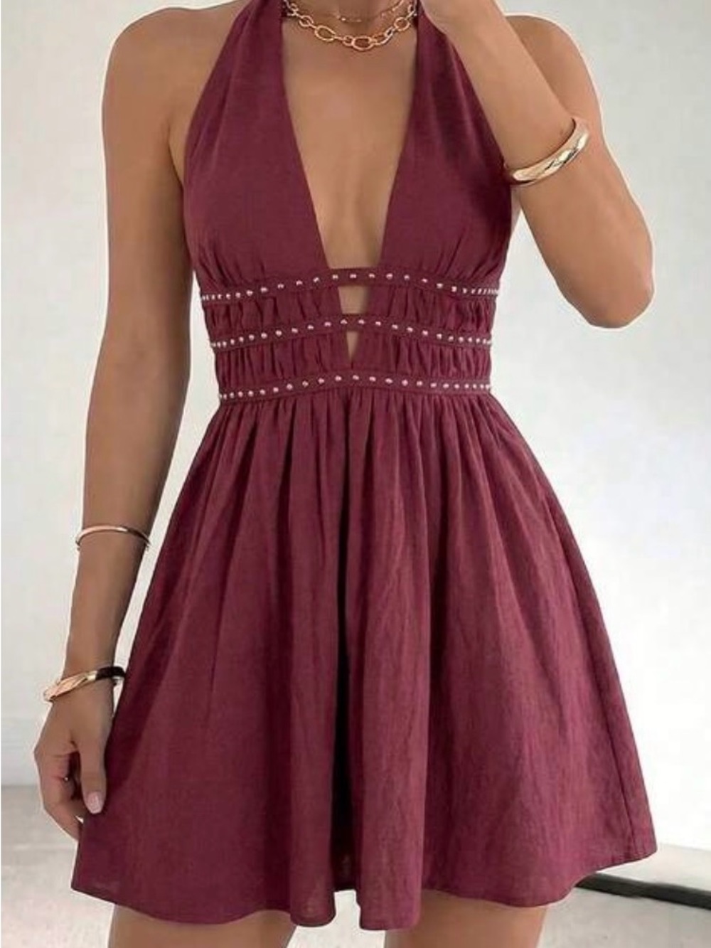 Plunge Halter Mini Dress in Burgundy